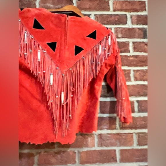 Vintage Custom Made burnt orange & black suede top with fringe beads and boning - Picture 13 of 16
